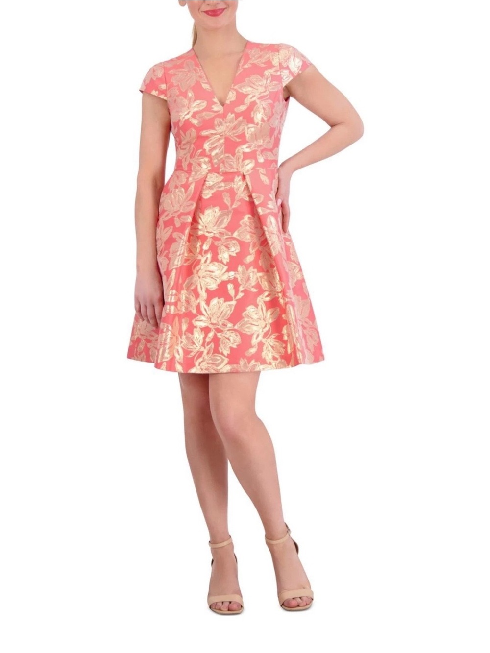 Vince Camuto Coral and Gold Floral V-Neck Fit-and-Flare Mini Dress